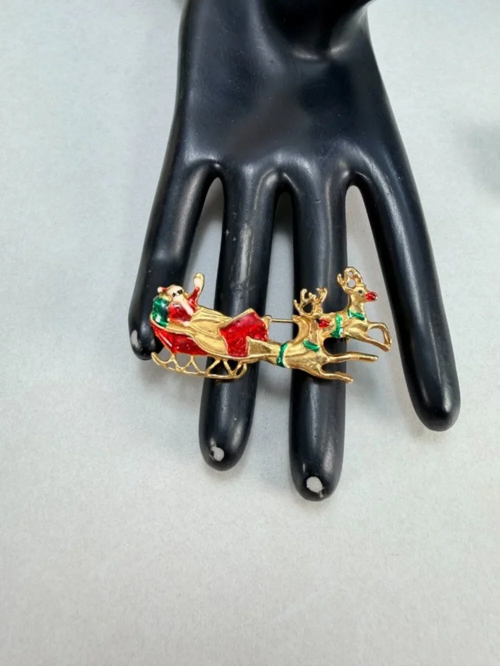 Vintage Santa Claus Sleigh Reindeer Brooch Gold Tone Enamel Christmas Pin
